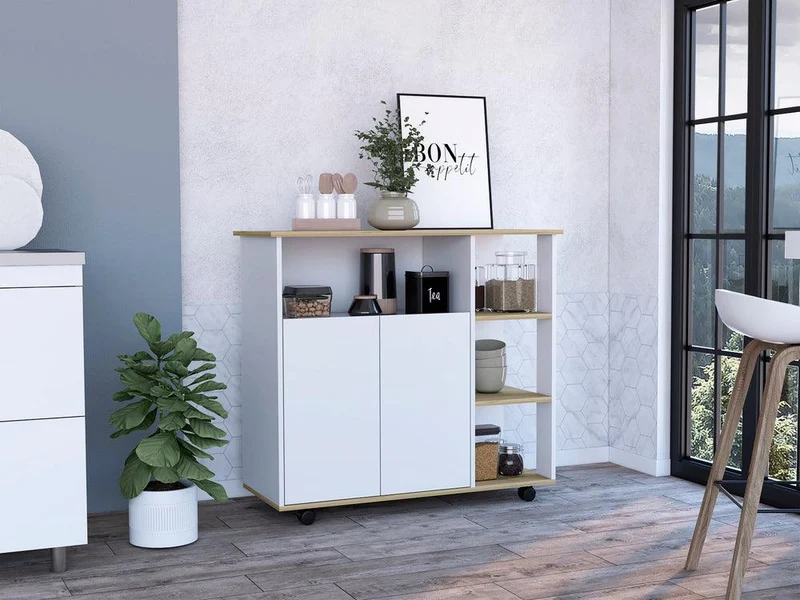 Mesa Auxiliar Ponte, Blanco Perla y Café Claro, con Amplia Superficie en la Mesa