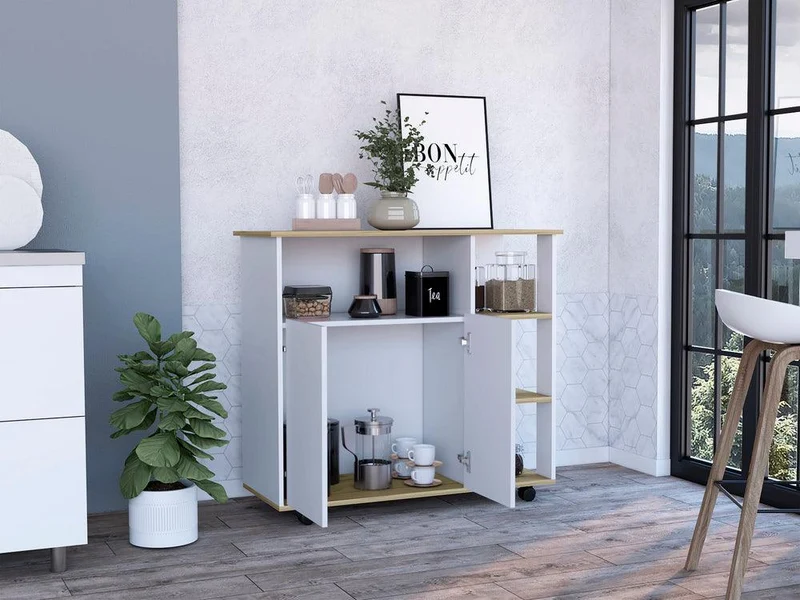 Mesa Auxiliar Ponte, Blanco Perla y Café Claro, con Amplia Superficie en la Mesa