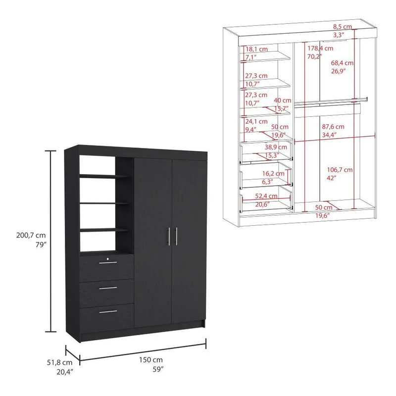 Closet Pekín, Wengue, Con Dos Puertas Abatibles y Tres Cajones Organizadores ZF