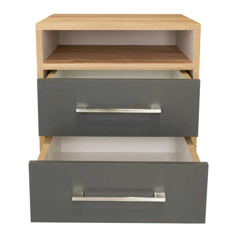 Mesa de Noche Douglas, Beige y Plata Oscuro, con un Entrepaño Superior y Dos Cajones Organizadores