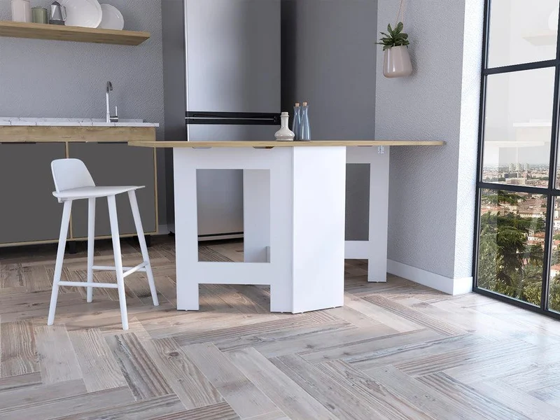 Mesa Auxiliar de Cocina Plegable Mérida, Blanco y Fresno Europeo, con Amplia Superficie