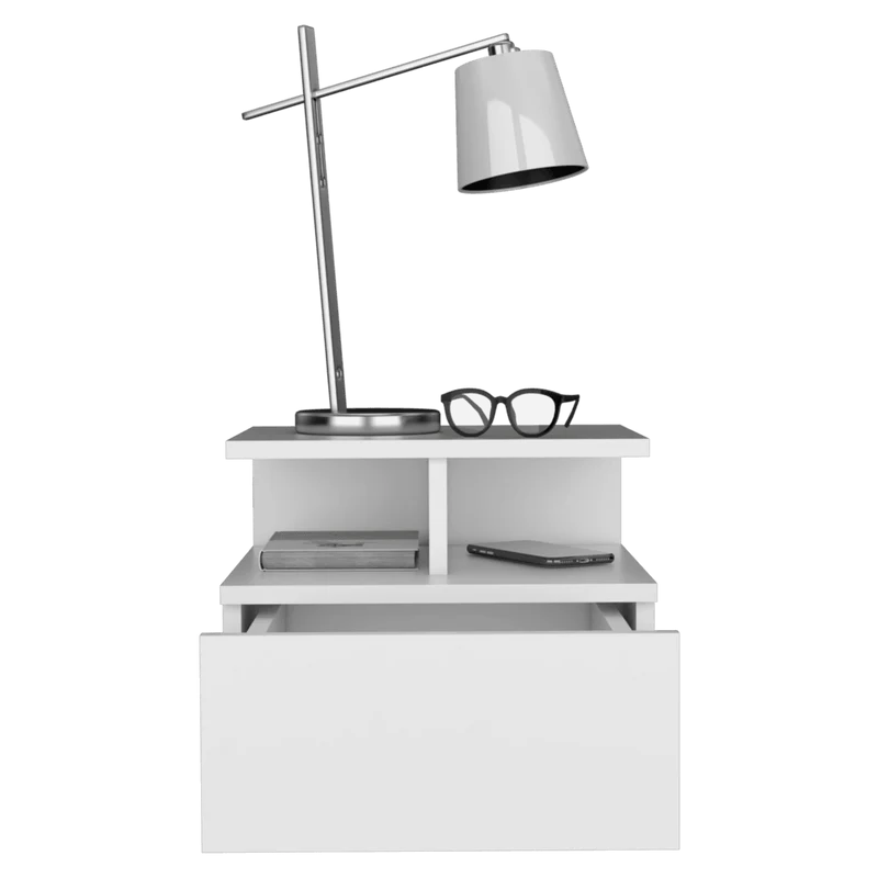 Mesa de Noche Flotante Nube, Blanco, con un Cajón y División de Dos Entrepaños