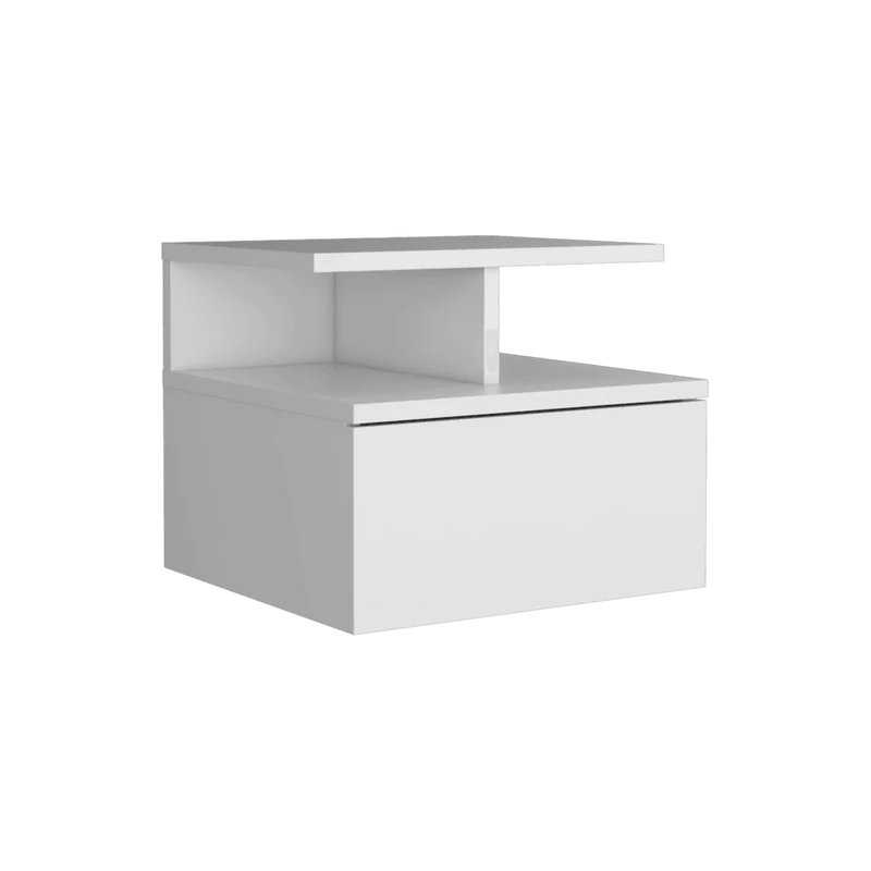 Mesa de Noche Flotante Nube, Blanco, con un Cajón y División de Dos Entrepaños