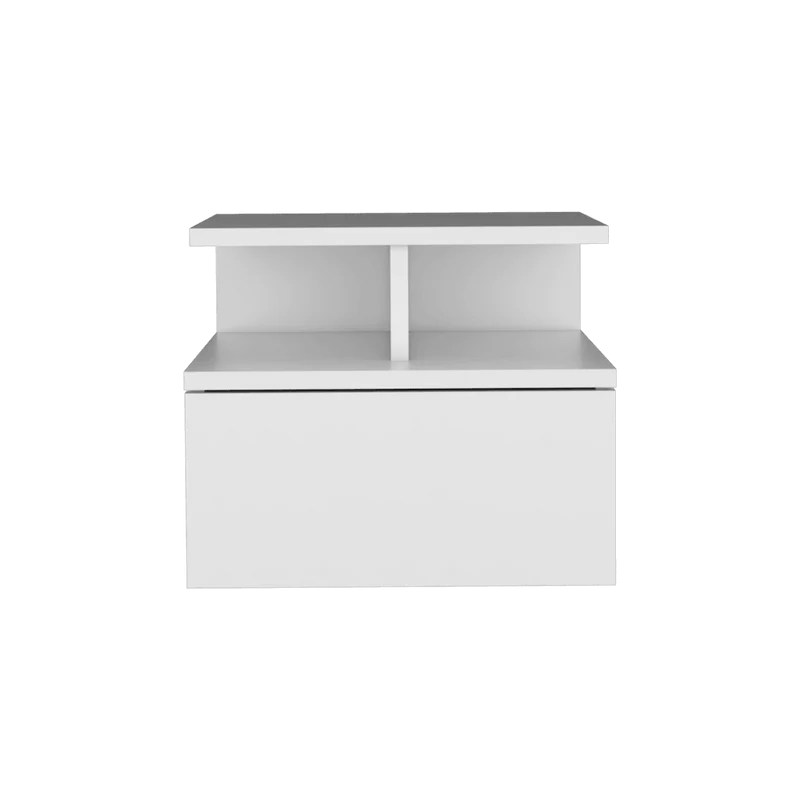 Mesa de Noche Flotante Nube, Blanco, con un Cajón y División de Dos Entrepaños