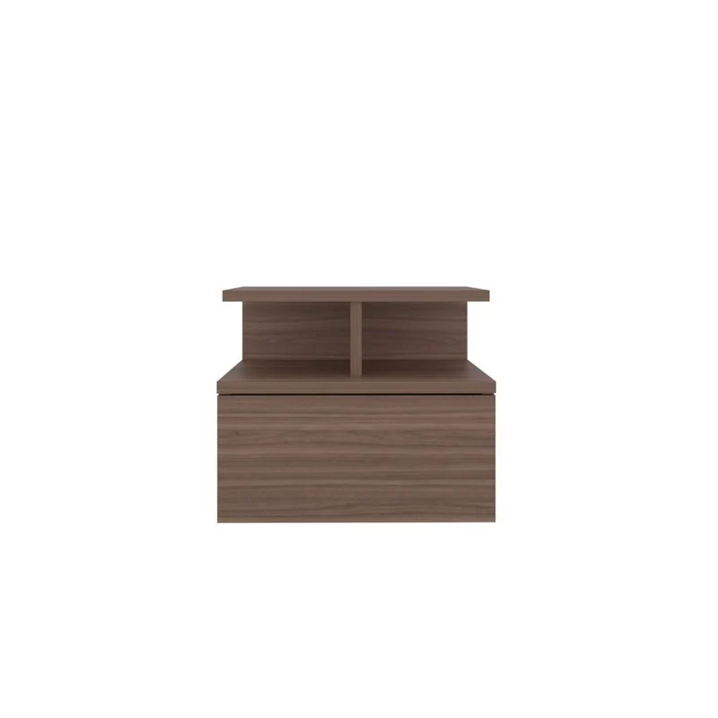 Mesa de Noche Flotante Nube, Avellana, con un Cajón y División de Dos Entrepaños