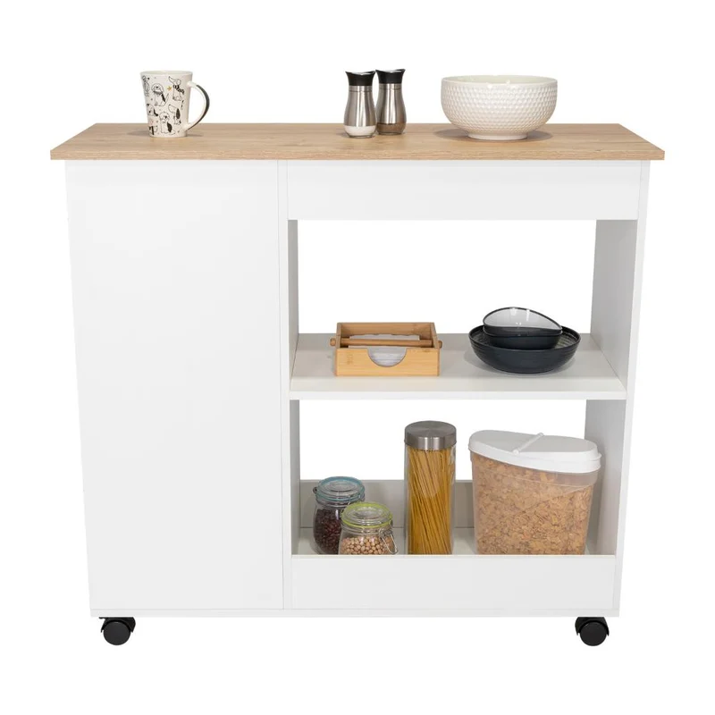 Mesa Auxiliar de Cocina Coralyn, Blanco y Café Claro, con Tres Entrepaños y Rodachines