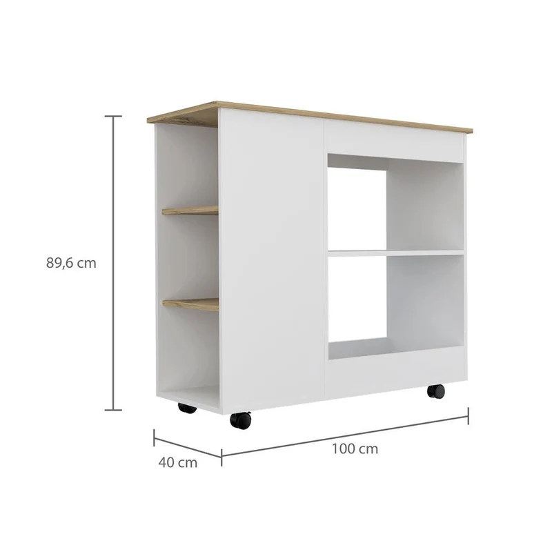 Mesa Auxiliar de Cocina Coralyn, Blanco y Café Claro, con Tres Entrepaños y Rodachines
