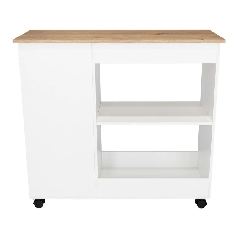 Mesa Auxiliar de Cocina Coralyn, Blanco y Café Claro, con Tres Entrepaños y Rodachines