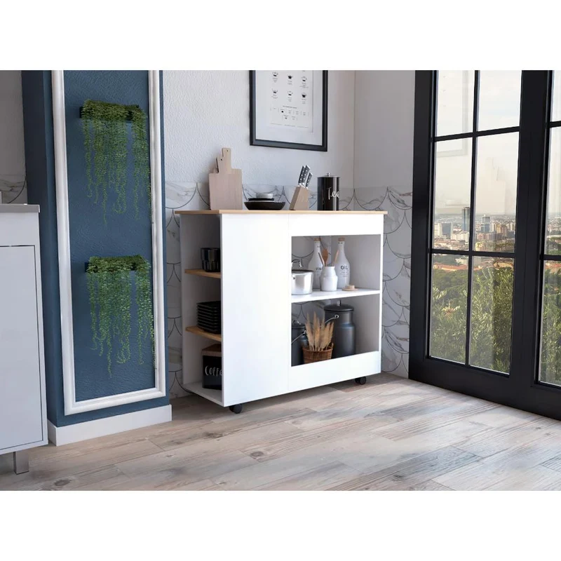 Mesa Auxiliar de Cocina Coralyn, Blanco y Café Claro, con Tres Entrepaños y Rodachines
