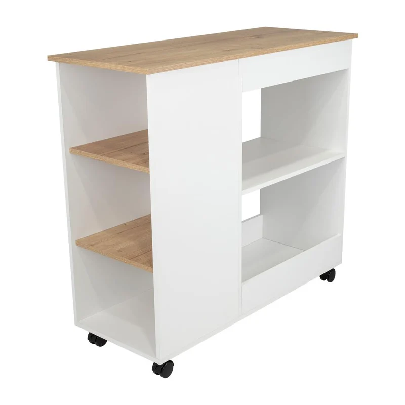 Mesa Auxiliar de Cocina Coralyn, Blanco y Café Claro, con Tres Entrepaños y Rodachines