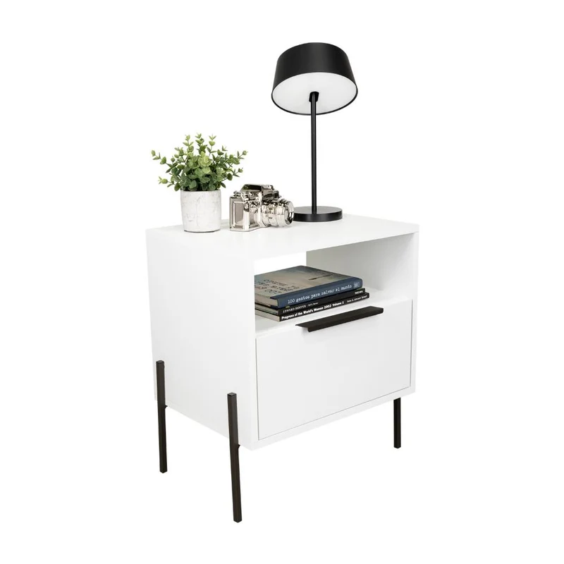 Mesa de Noche Wesley, Blanco Duqueza, con un Cajón Deslizable y Entrepaños