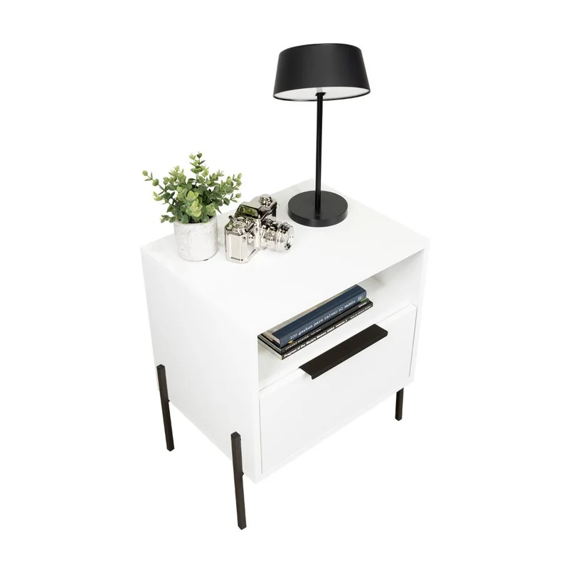 Mesa de Noche Wesley, Blanco Duqueza, con un Cajón Deslizable y Entrepaños