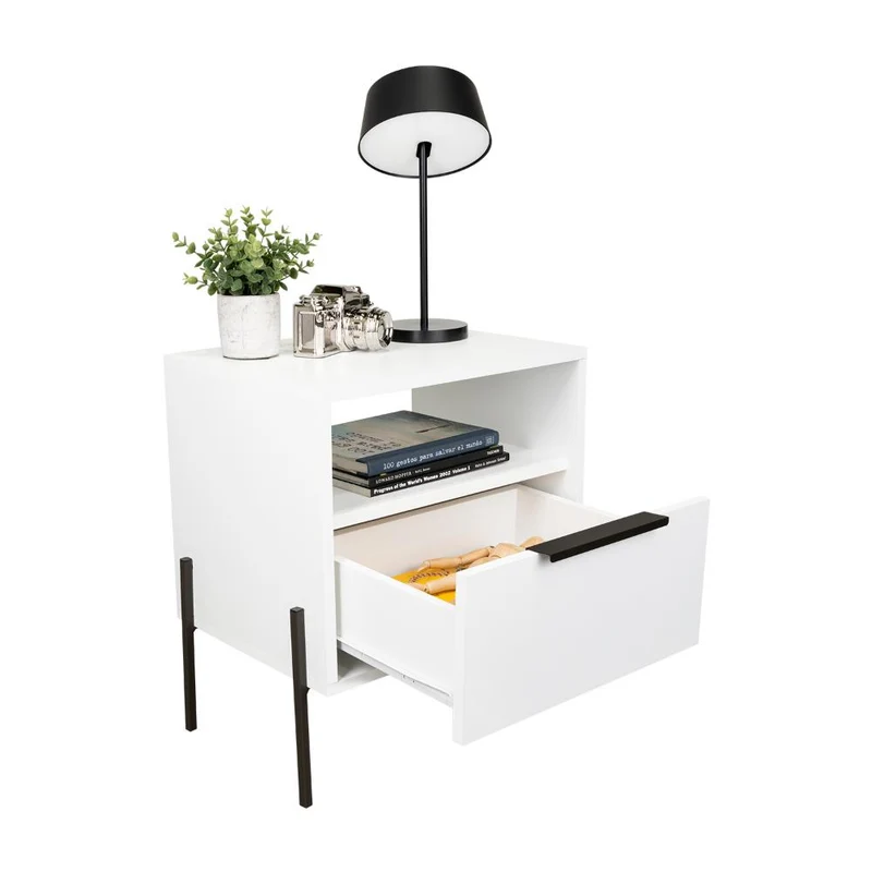 Mesa de Noche Wesley, Blanco Duqueza, con un Cajón Deslizable y Entrepaños