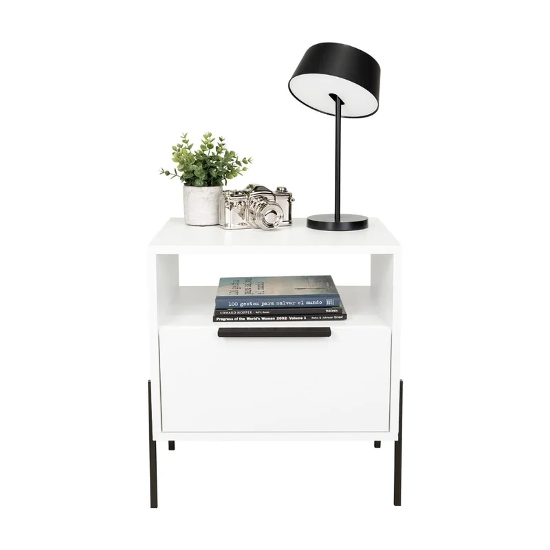 Mesa de Noche Wesley, Blanco Duqueza, con un Cajón Deslizable y Entrepaños