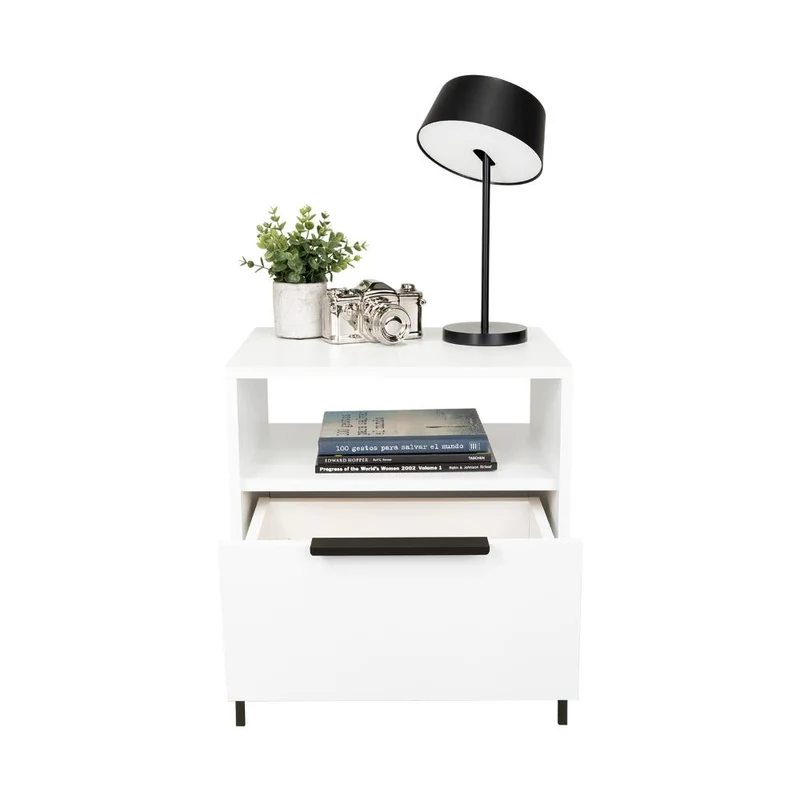 Mesa de Noche Wesley, Blanco Duqueza, con un Cajón Deslizable y Entrepaños