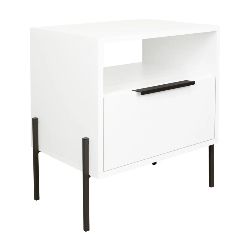 Mesa de Noche Wesley, Blanco Duqueza, con un Cajón Deslizable y Entrepaños