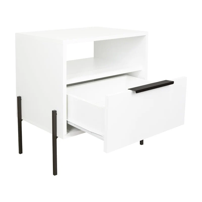 Mesa de Noche Wesley, Blanco Duqueza, con un Cajón Deslizable y Entrepaños