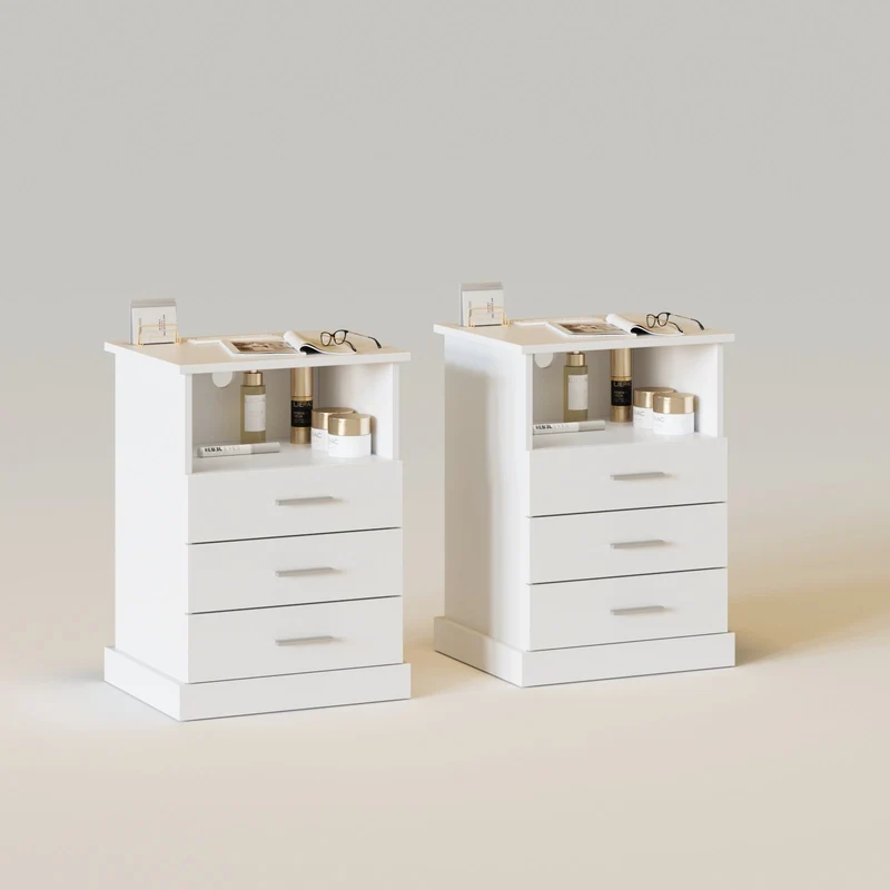 Light End Table with 3 Drawers&Open Storage