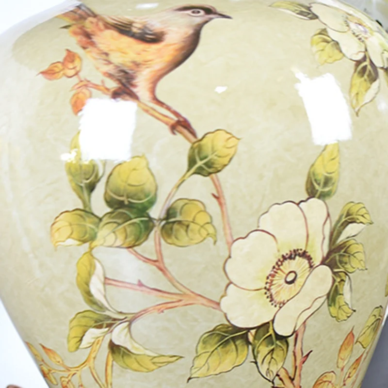 Traditional Chinese Pleated Scalloped Sunflower Double Birds Round Fabric Ceramic 1-Light Table Lamp For Living Room