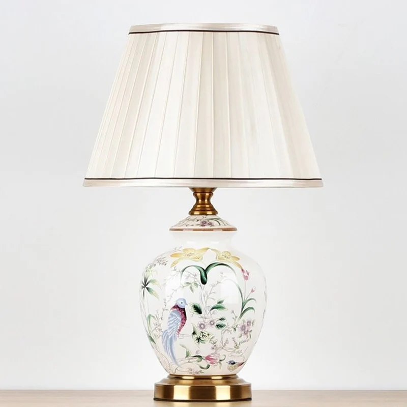 Traditional Chinese Patterned Bird Scalloped Round Fabric Ceramic 1-Light Table Lamp For Living Room