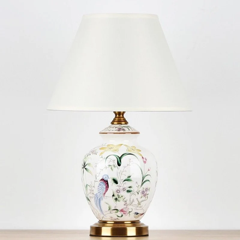 Traditional Chinese Patterned Bird Scalloped Round Fabric Ceramic 1-Light Table Lamp For Living Room