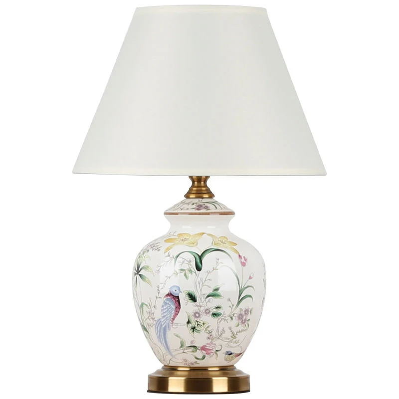 Traditional Chinese Patterned Bird Scalloped Round Fabric Ceramic 1-Light Table Lamp For Living Room