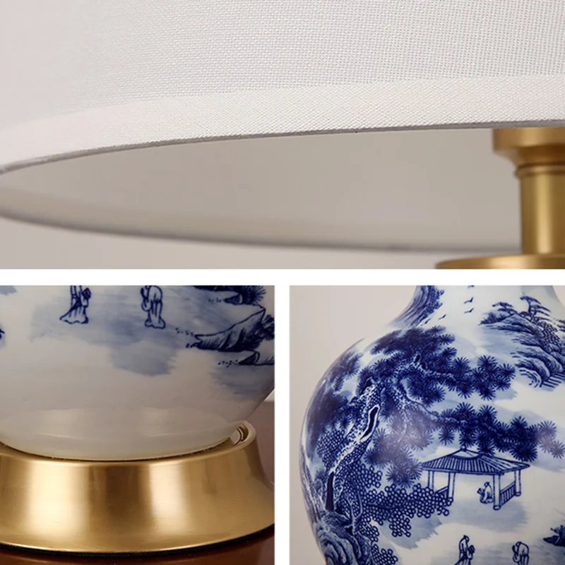 Traditional Chinese Cylinder Scalloped Pine Lapis Lazuli Fabric Ceramic Copper 1-Light Table Lamp For Living Room