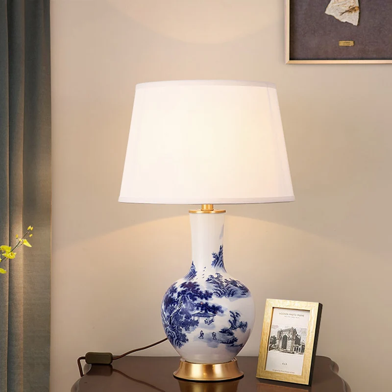 Traditional Chinese Cylinder Scalloped Pine Lapis Lazuli Fabric Ceramic Copper 1-Light Table Lamp For Living Room