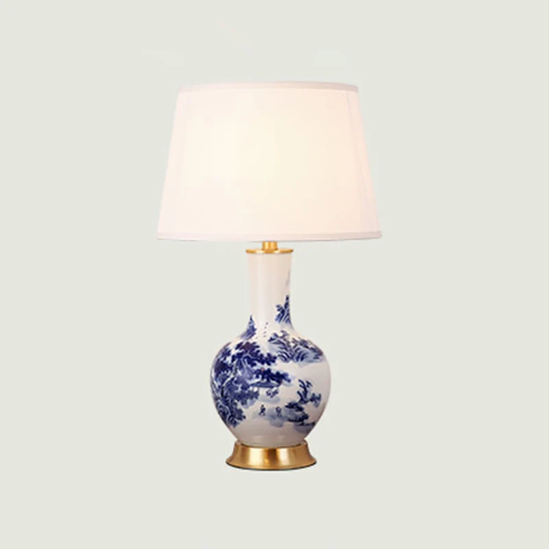 Traditional Chinese Cylinder Scalloped Pine Lapis Lazuli Fabric Ceramic Copper 1-Light Table Lamp For Living Room