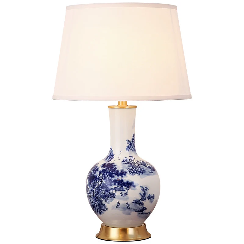 Traditional Chinese Cylinder Scalloped Pine Lapis Lazuli Fabric Ceramic Copper 1-Light Table Lamp For Living Room