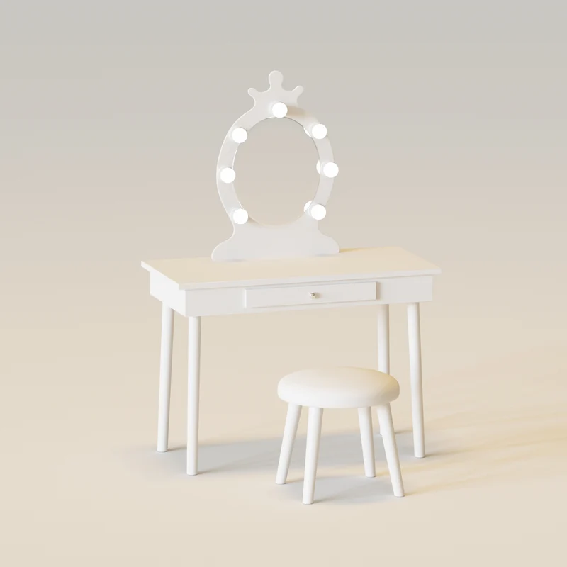 Children Makeup Vanity Table with Mirror&Stool