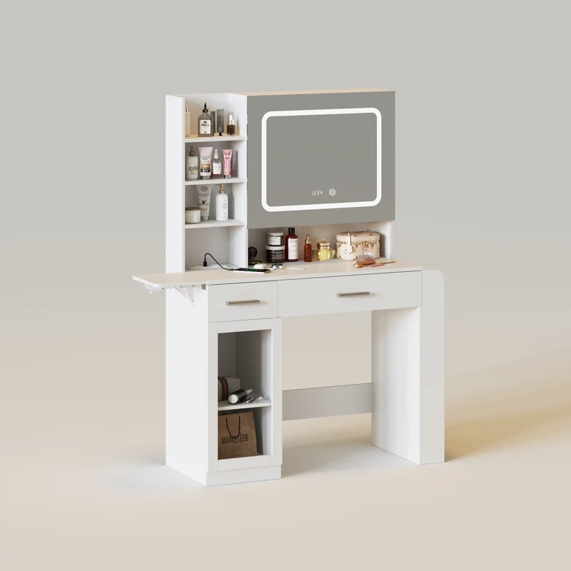 Storage Cabinet Vanity Desk with Mirror&Lights