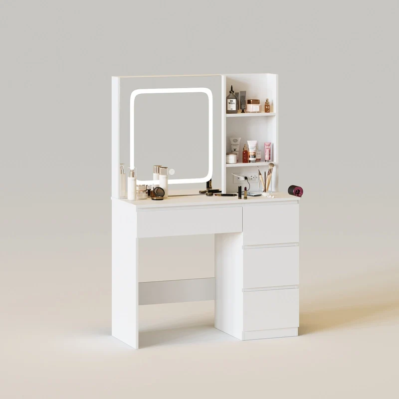 White Vanity Desk with Mirror and Lights
