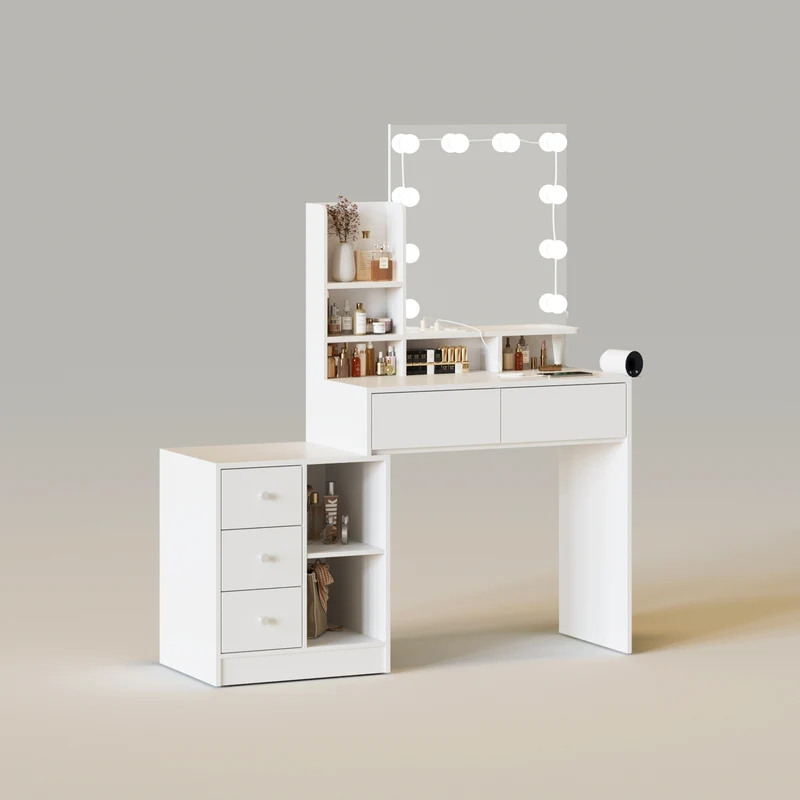 5 Drawers&Storage Shelves White Vanity Table