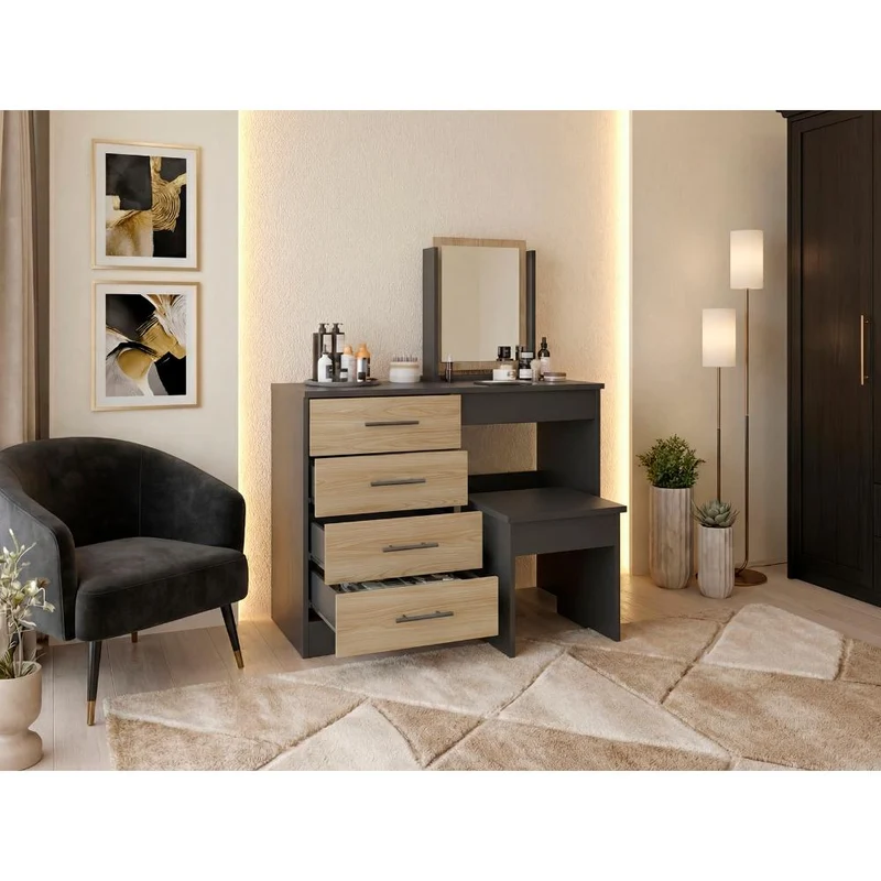 Mueble Tocador Wesley, Wengue y Fresno Europeo, con Cuatro Cajones para Ubicar Maquillaje