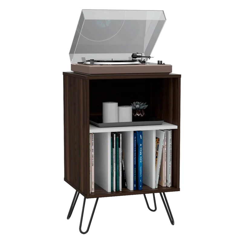 Mueble Auxiliar Lara, Caoba y Blanco, con Patas en Acero y Espacio para Objetos Decorativos
