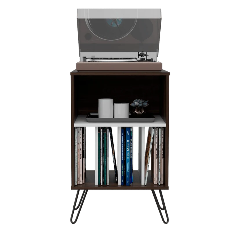 Mueble Auxiliar Lara, Caoba y Blanco, con Patas en Acero y Espacio para Objetos Decorativos