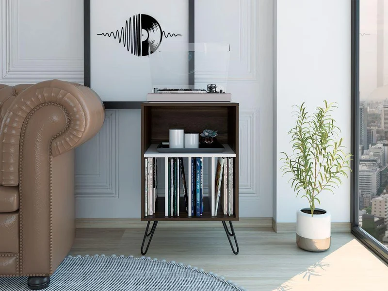 Mueble Auxiliar Lara, Caoba y Blanco, con Patas en Acero y Espacio para Objetos Decorativos