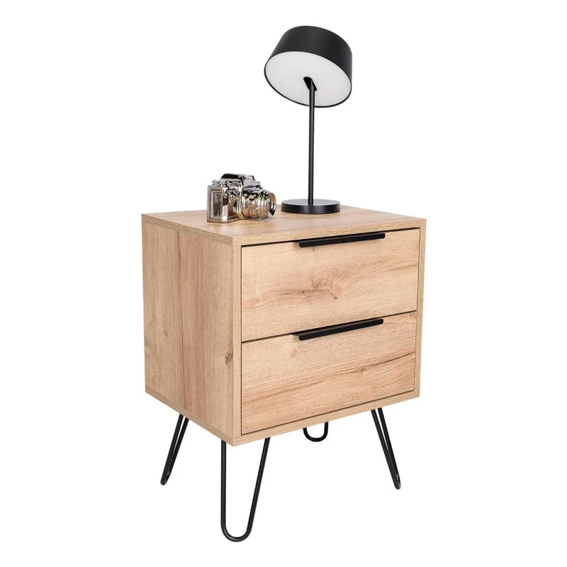 Mesa de Noche Concept, Fresno Europeo y Wengue, con Dos Cajones Organizadores y Patas Metálicas