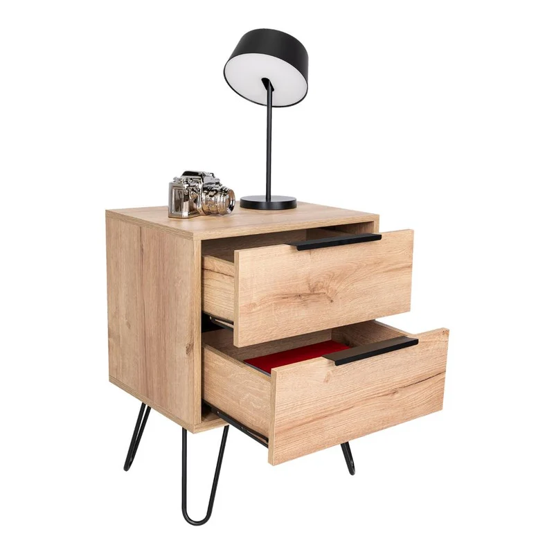 Mesa de Noche Concept, Fresno Europeo y Wengue, con Dos Cajones Organizadores y Patas Metálicas