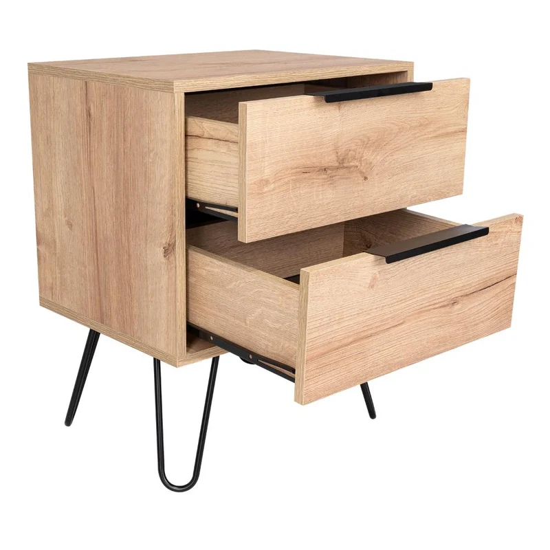 Mesa de Noche Concept, Fresno Europeo y Wengue, con Dos Cajones Organizadores y Patas Metálicas