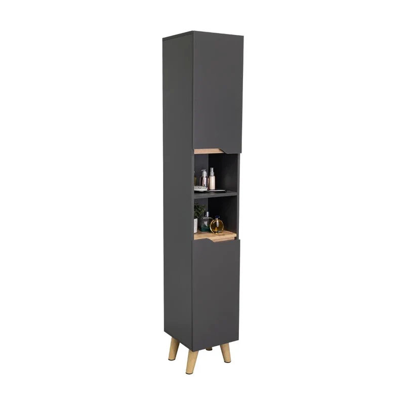 Estantería de Baño Vicent, Plata Oscuro y Café Claro, con Dos Puertas Abatibles y Entrepaños