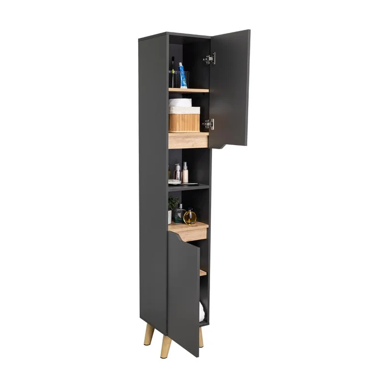 Estantería de Baño Vicent, Plata Oscuro y Café Claro, con Dos Puertas Abatibles y Entrepaños
