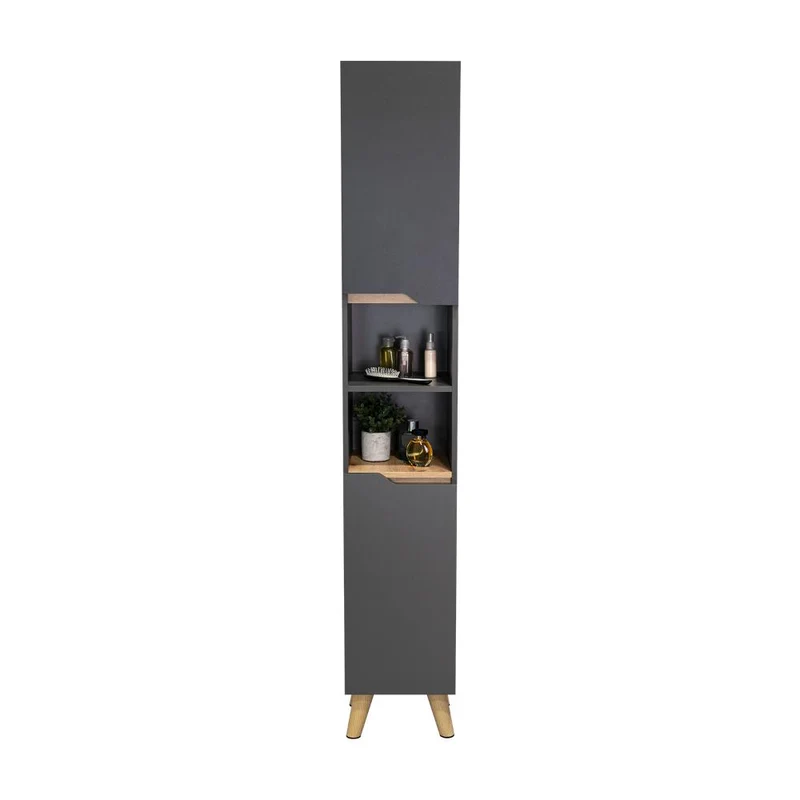 Estantería de Baño Vicent, Plata Oscuro y Café Claro, con Dos Puertas Abatibles y Entrepaños