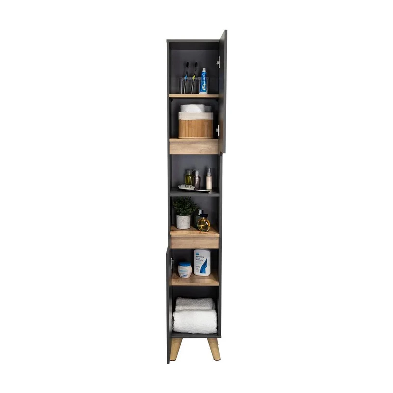 Estantería de Baño Vicent, Plata Oscuro y Café Claro, con Dos Puertas Abatibles y Entrepaños