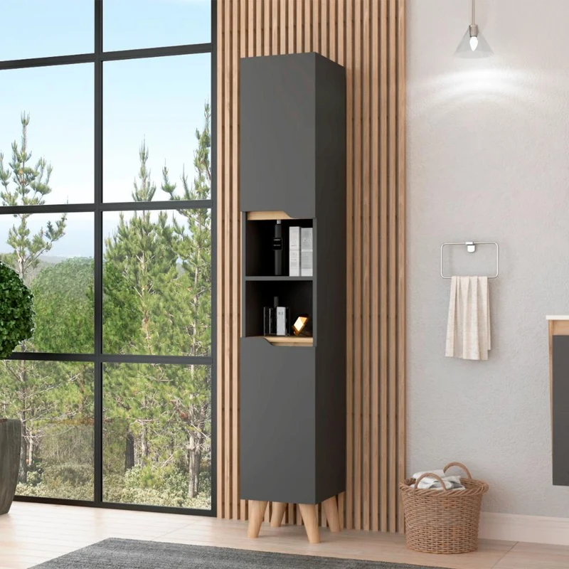 Estantería de Baño Vicent, Plata Oscuro y Café Claro, con Dos Puertas Abatibles y Entrepaños