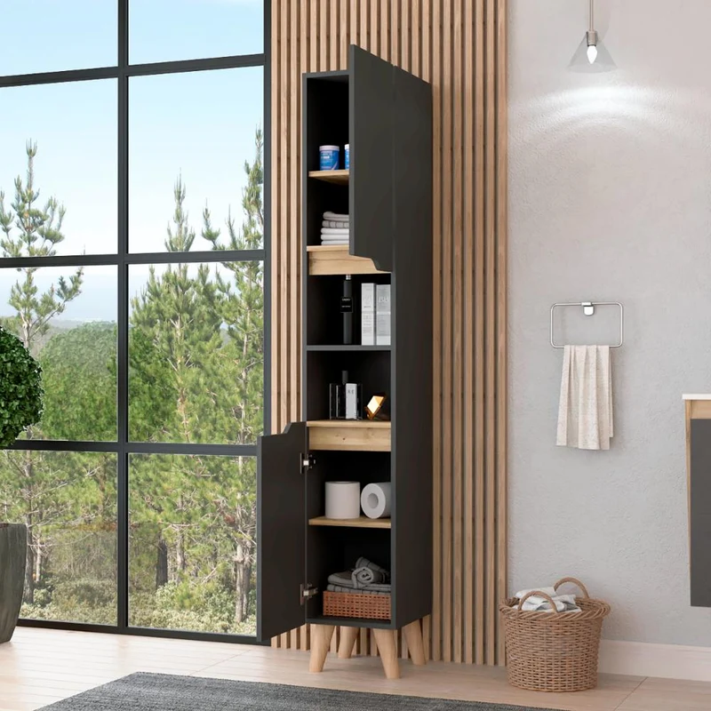 Estantería de Baño Vicent, Plata Oscuro y Café Claro, con Dos Puertas Abatibles y Entrepaños