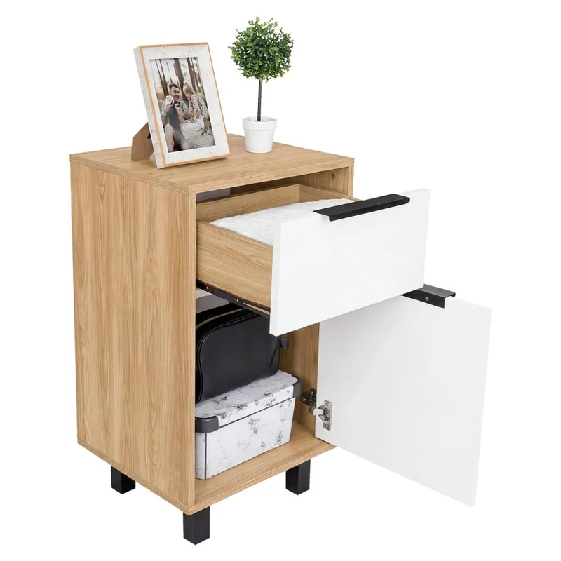 Mesa de Noche Wesley, Fresno Europeo y Blanco, con una Puerta y un Cajón Organizador