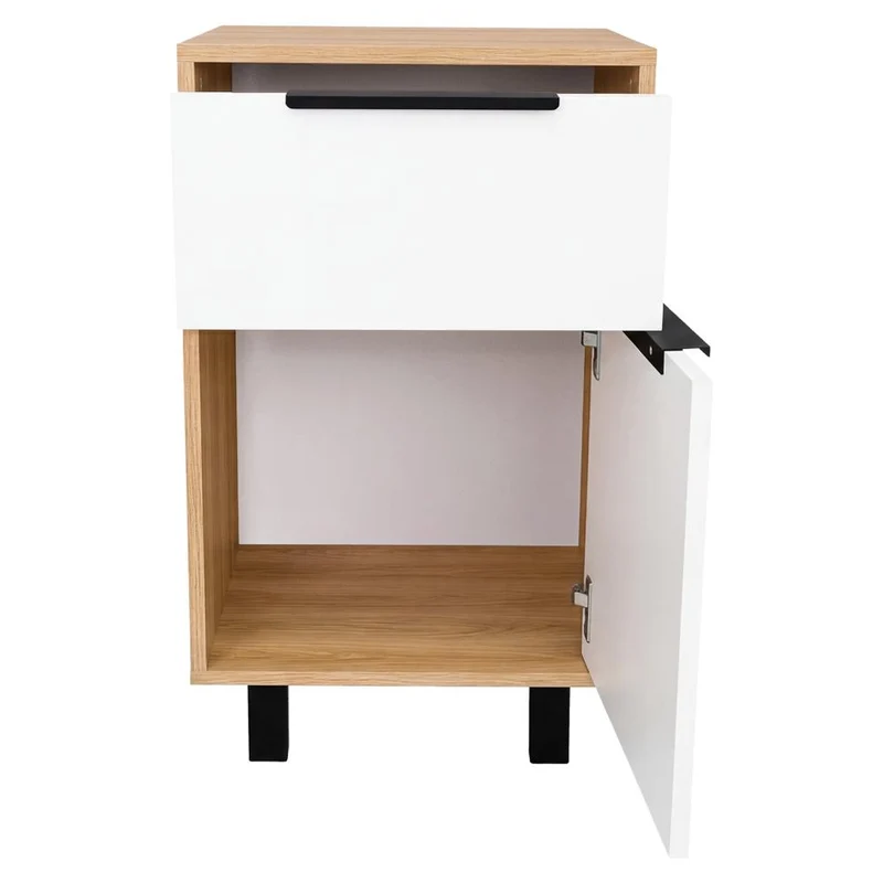 Mesa de Noche Wesley, Fresno Europeo y Blanco, con una Puerta y un Cajón Organizador