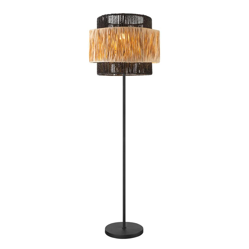 Contemporary Boho Cylinder Raffia Paper Lampshade Iron 1 - Light Standing Floor Lamp For Living Room